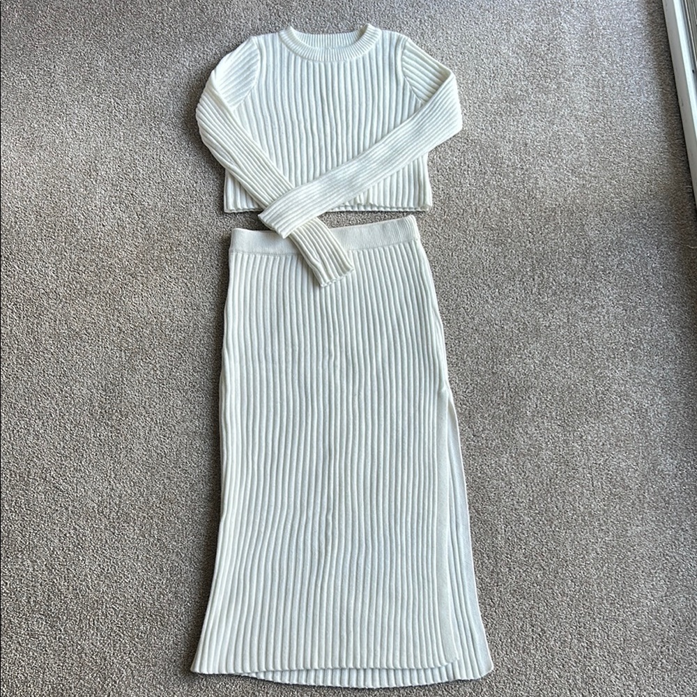 Cream Ribbed Knit Sweater and Skirt Set